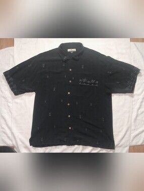 TOMMY BAHAMA Black Silk Hawaii Embroidery Camp Button Up Summer Shirt - Men's L